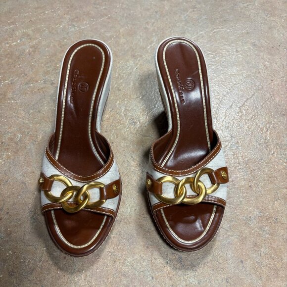 Worn 1X Cole Haan Kina Wedge Sandals Natural Linen Gold Accent Slides Size 8 B - Picture 3 of 16